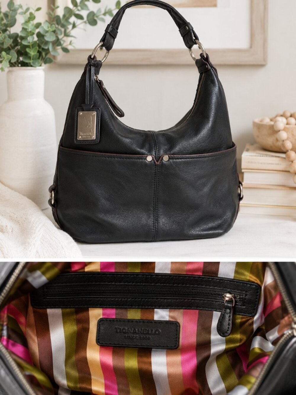 TIGNANELLO Genuine Leather Hobo Shoulder Bag Black Soft Pebbled Leather Silver